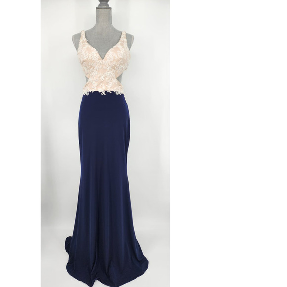 Nina Canacci Formal Evening Dress 10 Embellished Beaded Cut Out Navy‎ Blue Cream - Picture 2 of 15